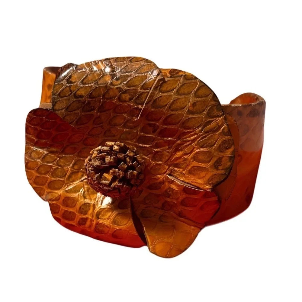 Python Snakeskin Floral Statement‎ Cuff Bracelet Amber Wide Exotic Statement